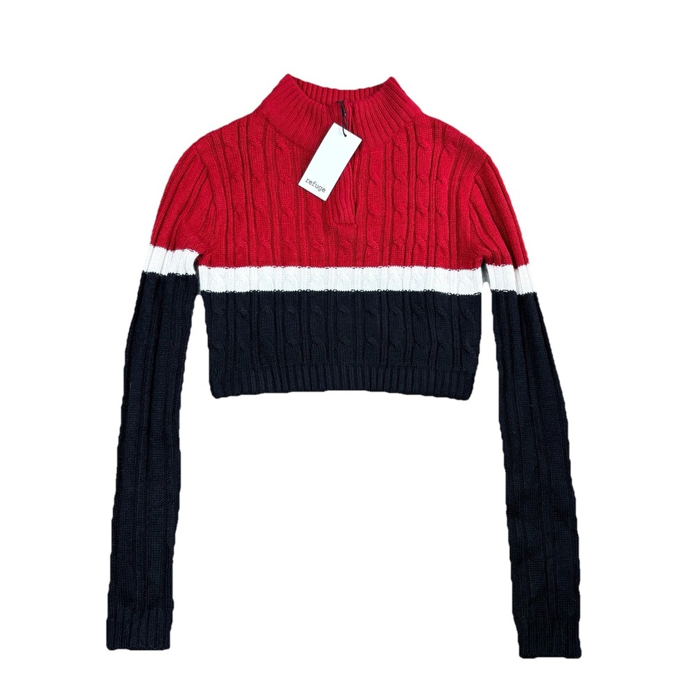 Womens Cropped Cable Knit Sweater Red Black XS Long Sleeve Colorblock Ribbed NWT